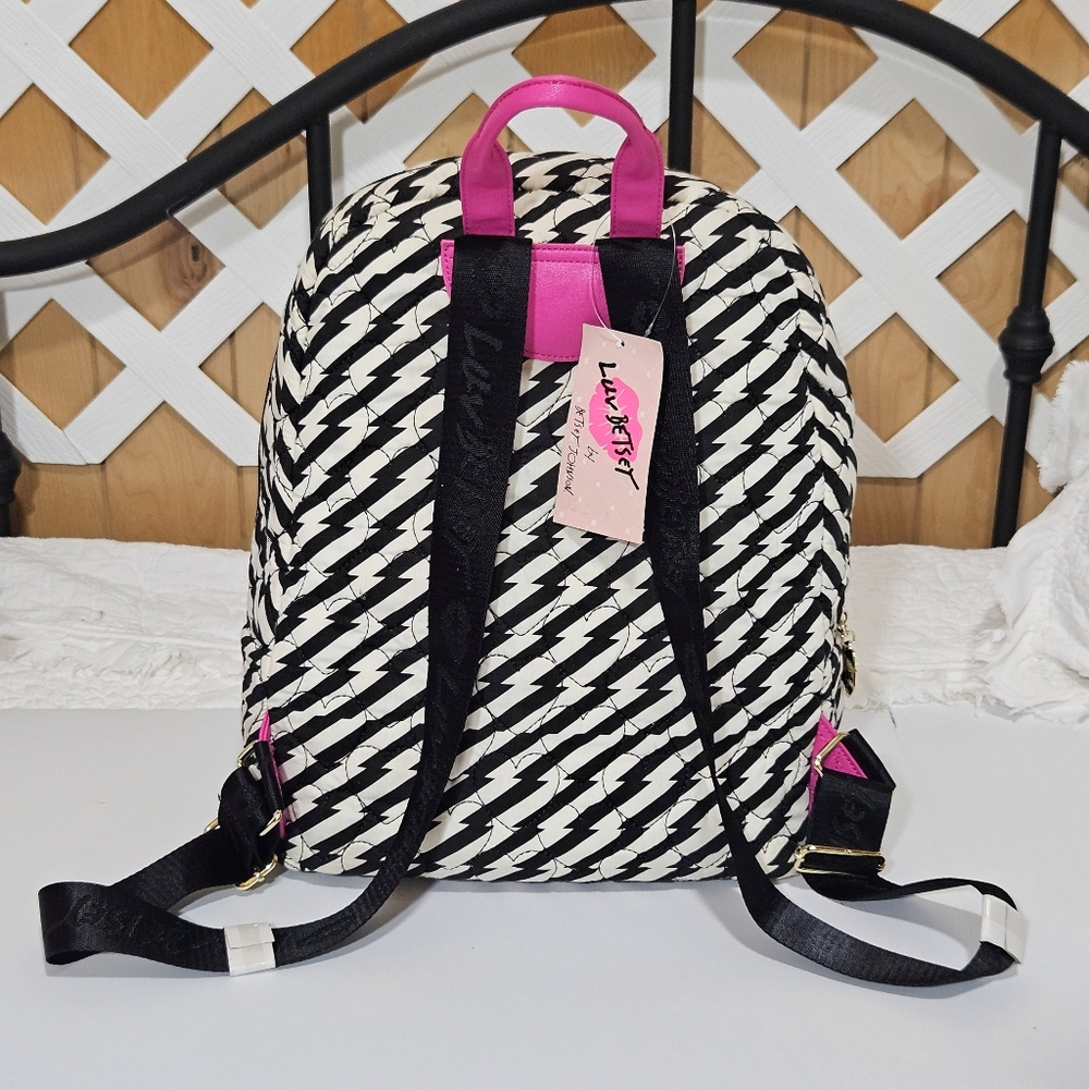 LUV BETSEY JOHNSON Backpack Black/White Stripe, Pink Trim, Funny Face - Picture 10 of 12